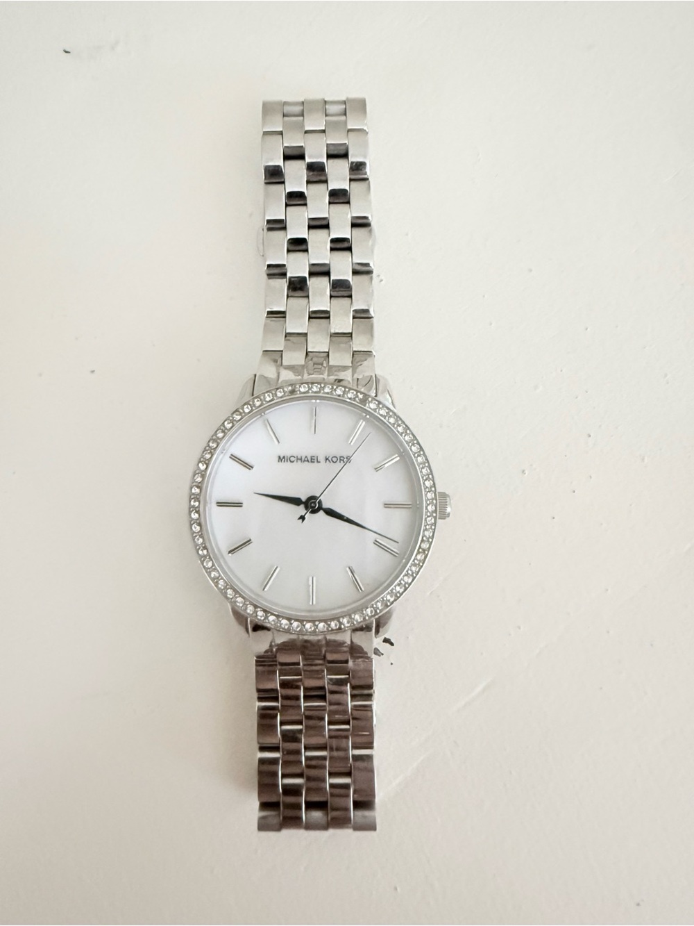 Michael Kors Silver-Tone Bracelet Watch with White Dial and Crystal Bezel